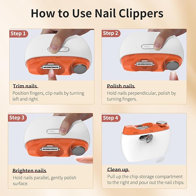 2025 Upgraded 3-in-1 Electric Nail Clipper and File – Automatic Nail Trimmer & Polisher with LED Light, USB Rechargeable, Clip Storage, 2-Speed, Safe for Baby, Adults, Seniors（Orange）